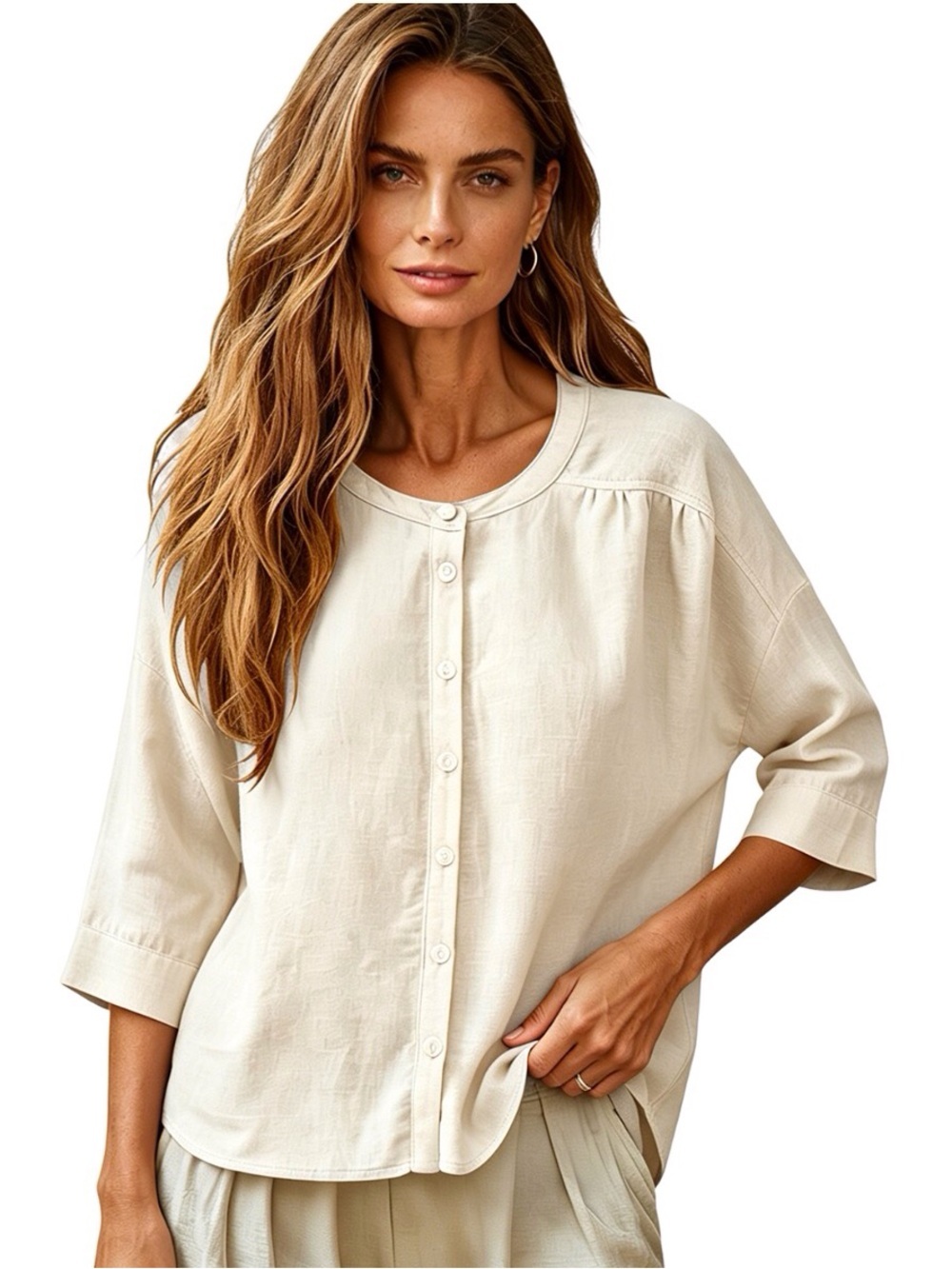 Classic Women's Button-Front Linen Top 3/4 Sleeve Cream Size-S NIB
